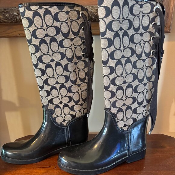 Coach Signature Logo Brown Tall Rain Boots with Lattice Lace Up Back Closure - Picture 1 of 7